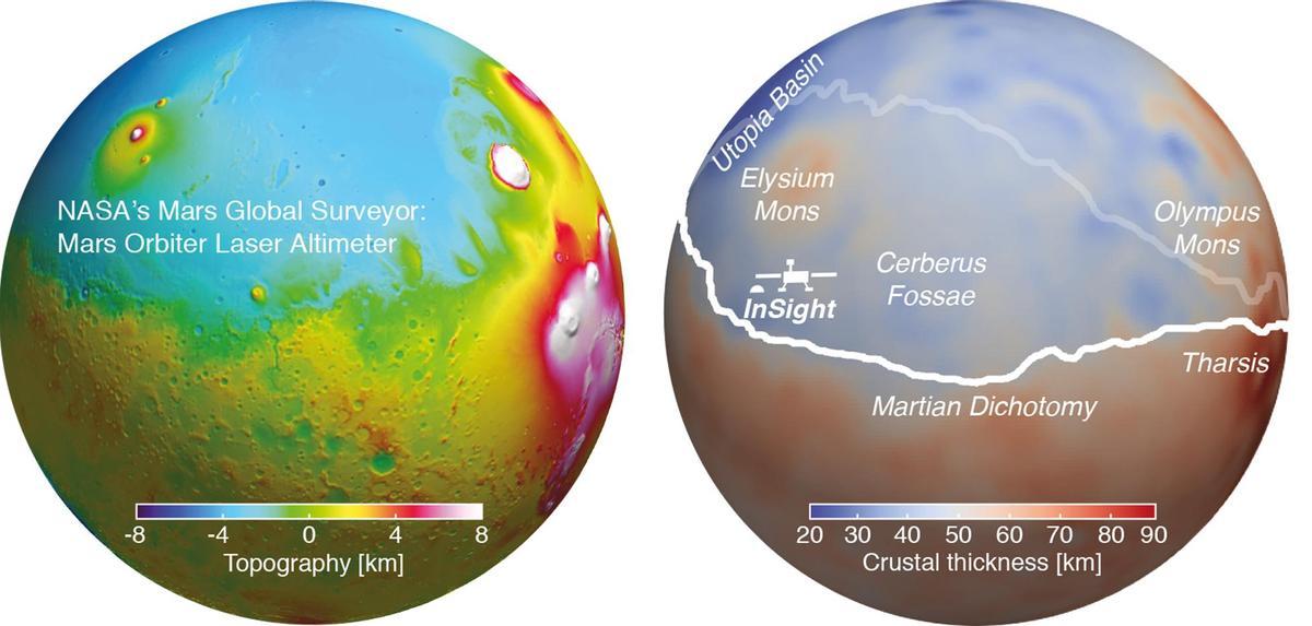 Mapa topográfico de la superficie marciana (izq.) y representación del espesor de la corteza (der.)