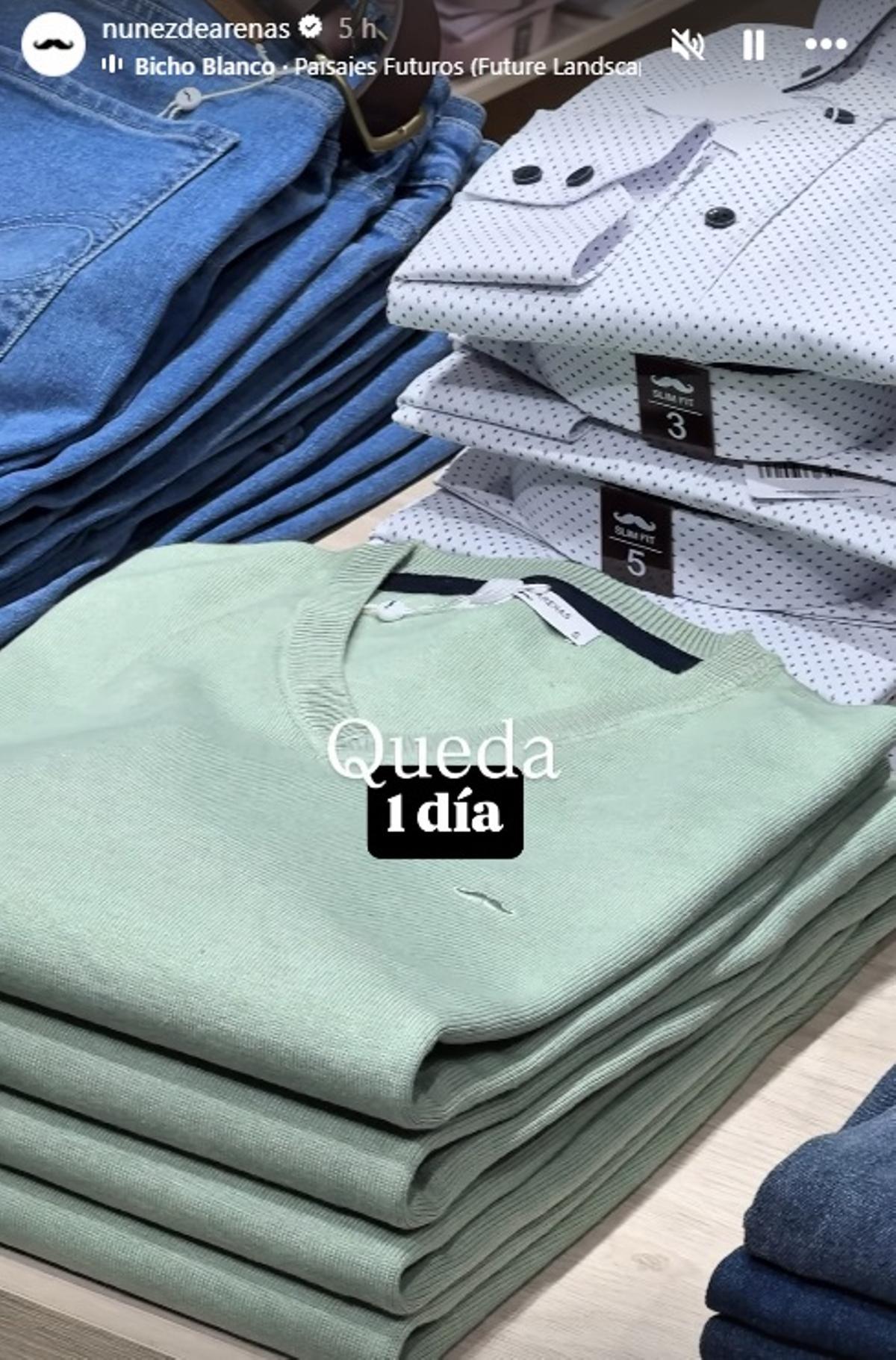 Storie de Núñez de Arenas anunciando que queda 1 día para la apertura de su tienda en Vigo.
