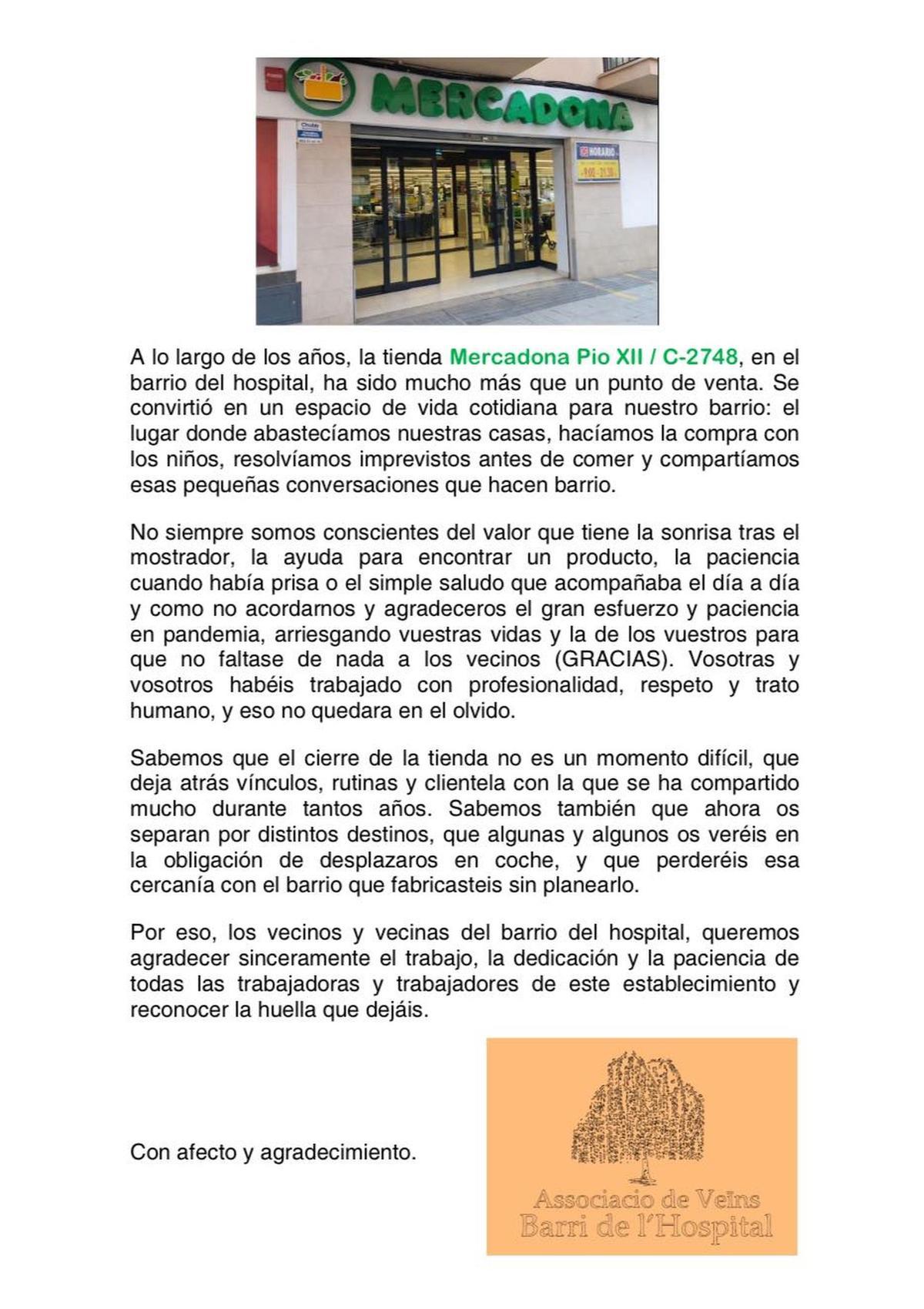 Imagen de la carta de agradecimiento al personal del Mercado de Pius XII de la asociación de vecinos del barrio del Hospital.