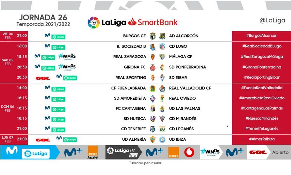 Horarios de la jornada 26 de LaLiga SmartBank