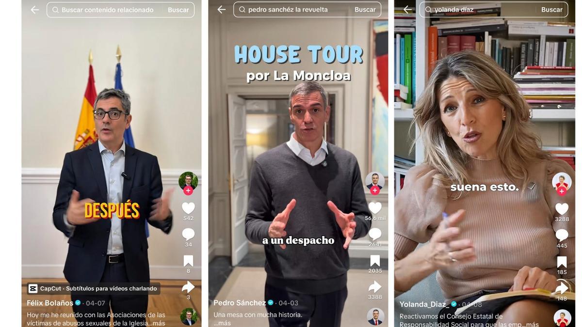 Capturas de pantalla de las cuentas de TikTok de Félix Bolaños, Pedro Sánchez y Yolanda Díaz.