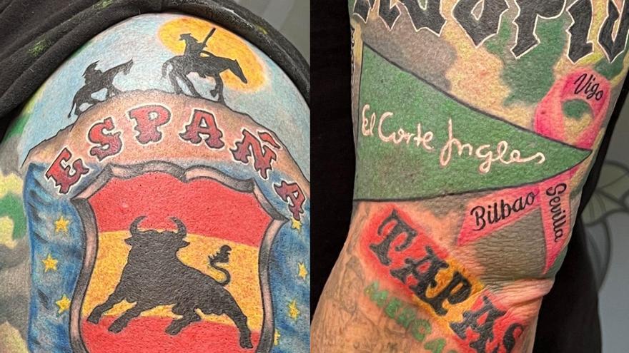 El curioso tatuaje de un norteamericano: el logo de El Corte Inglés y Mercadona, el toro de Osborne y la bandera de España