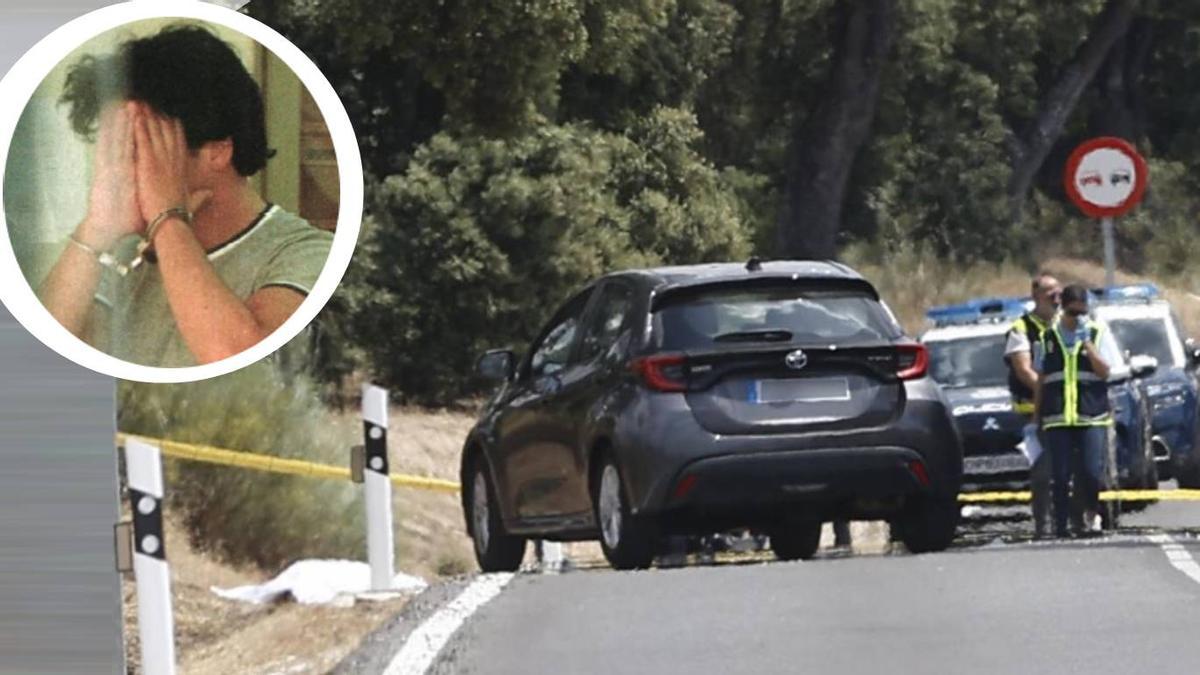 Borja Villacís fue asesinado el 4 de junio en esta carretera de Madrid. Izquierda, imagen antigua del hombre que rescató al superviviente y lo llevó al hospital.