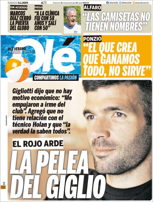 Portada OLÉ sábado 5 enero 2019