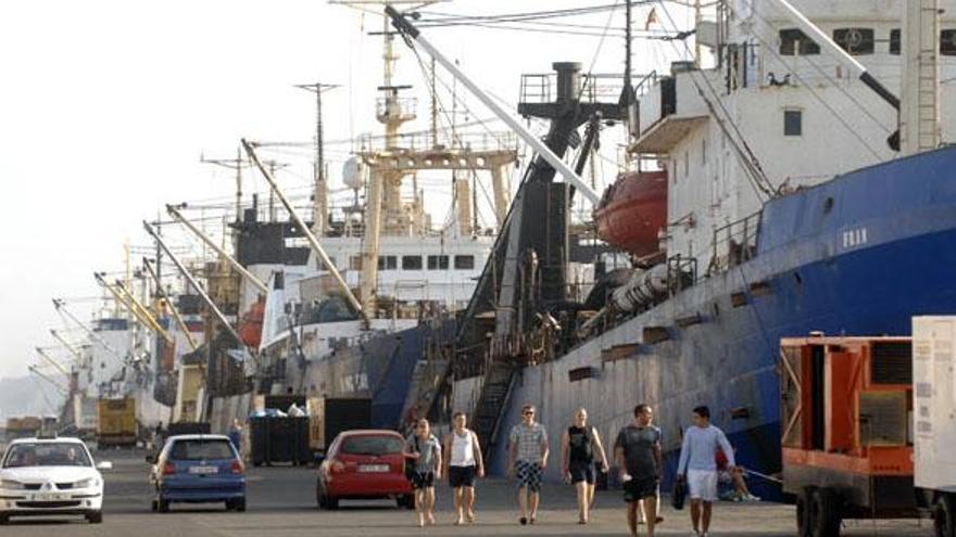 Estampa del muelle Reina Sofía este viernes lleno de arrastreros amarrados por el cierre del caladero mauritano.  | andrés cruz