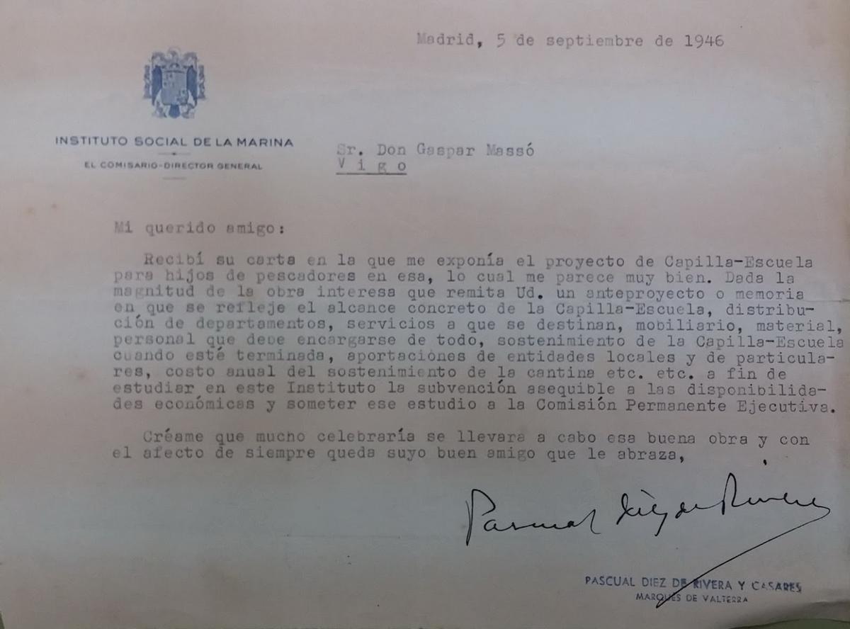 Una carta de septiembre de 1946 en la que el comisario-director general del ISM, que era el Marqués de Valterra, traslada su apoyo a Gaspar Massó para crear la escuela náutica de Bueu.