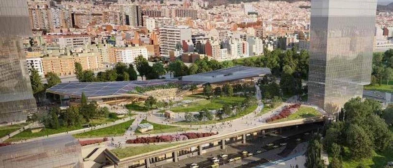 Recreación virtual de la futura estación de la Sagrera de Barcelona, vista desde Sant Martí