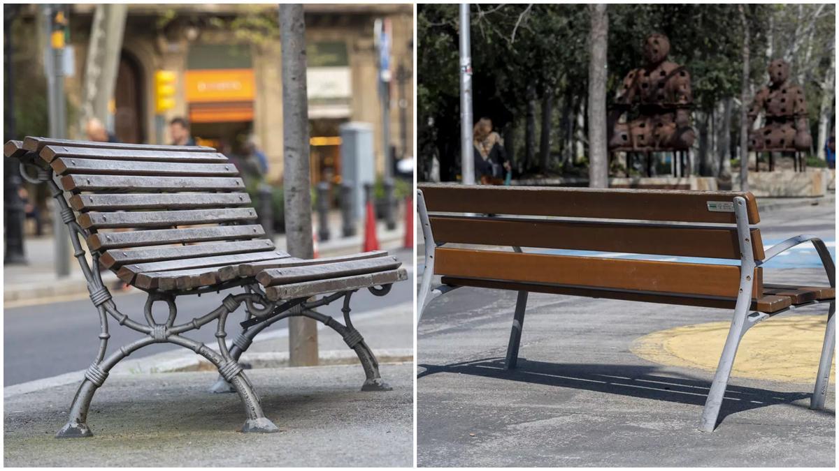 Un banco del modelo 'Romántico' y otro del 'Neobarcino' en Barcelona