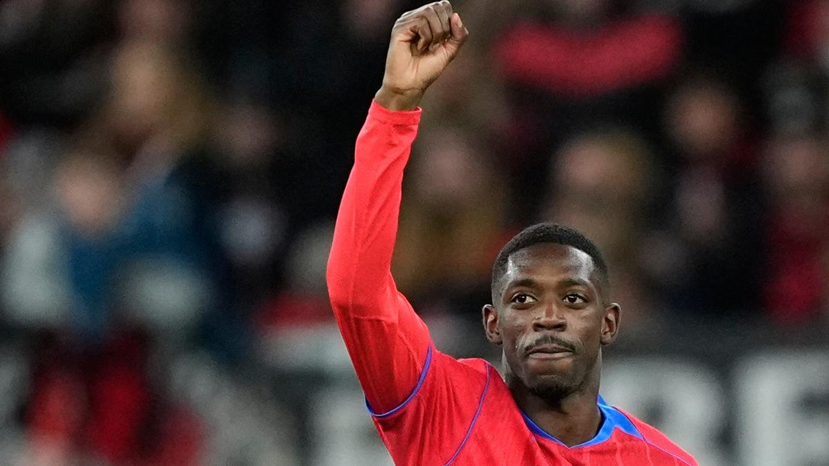 Dembélé celebra su tanto contra el Leverkusen