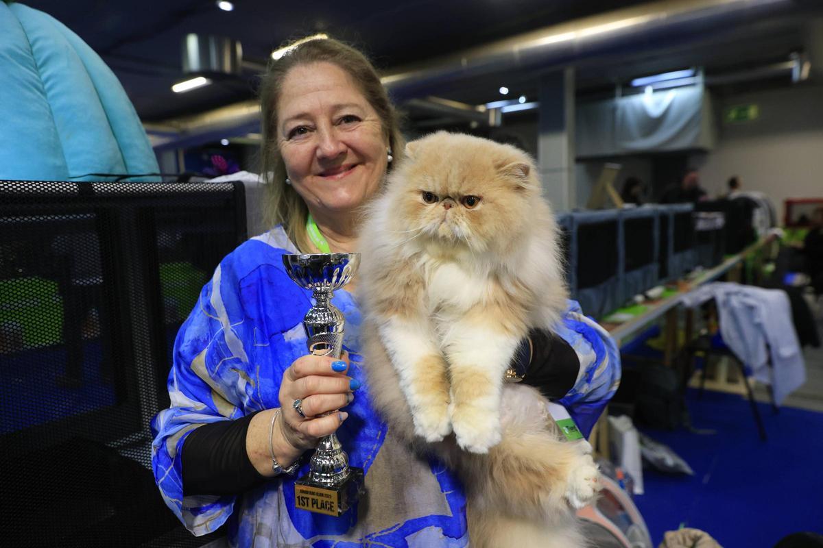 Pilar Minguet junto a su gato, "Babel", y el premio que lograron en uno de los pases de la jornada inaugural, en la pasada edición