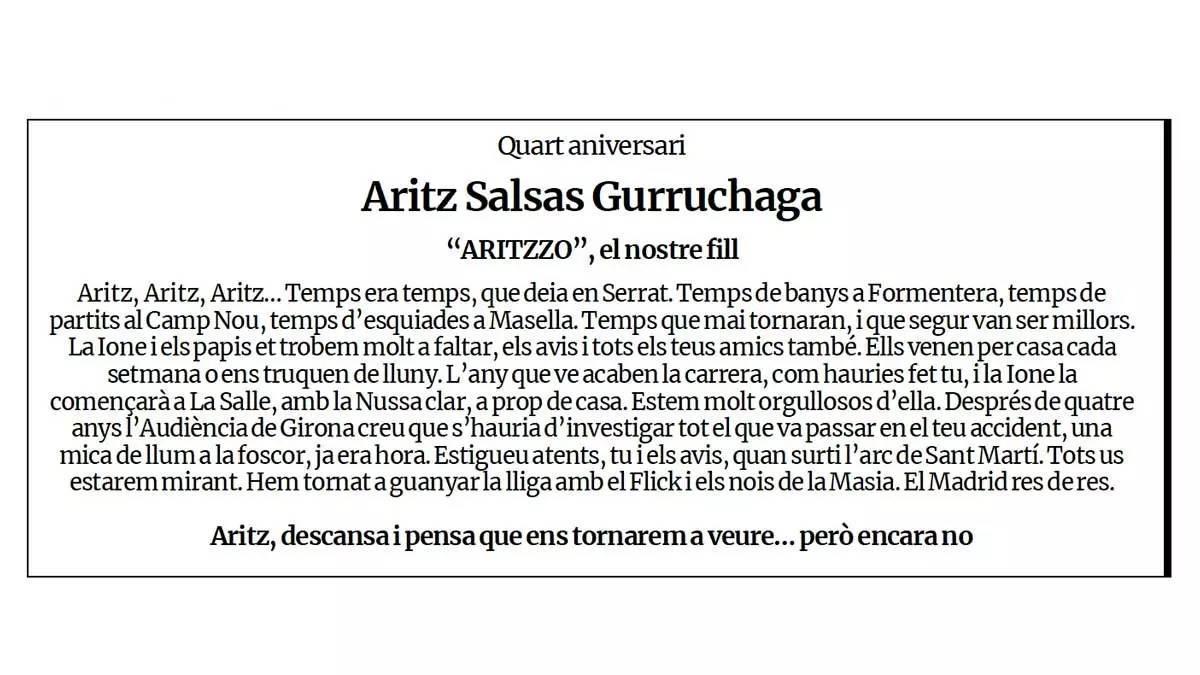 Esquela d'aquest 2026 d'Aritz Salsas