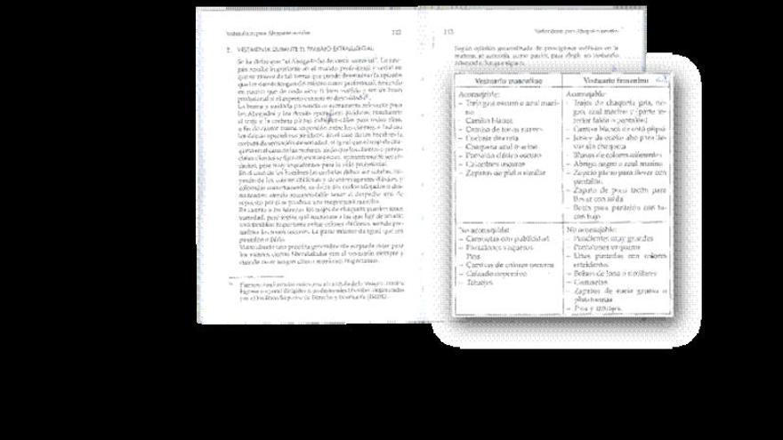 Páginas de la obra y, resaltadas, las recomendaciones de vestuario para los abogados y abogadas. la opinión