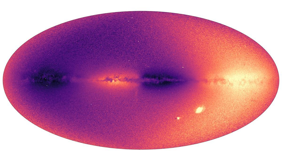 Mapa que ilustra la velocidad radial de 30 millones de objetos en la Vía Láctea. Las Nubes de Magallanes Grande y Pequeña (LMC y SMC) aparecen como puntos brillantes en la esquina inferior derecha de la imagen.