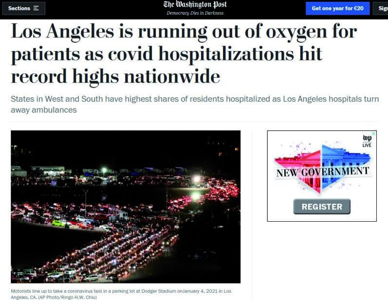 Washington Post. El diario destaca que los hospitales de Los Ángeles se están quedando sin oxígeno para pacientes.      