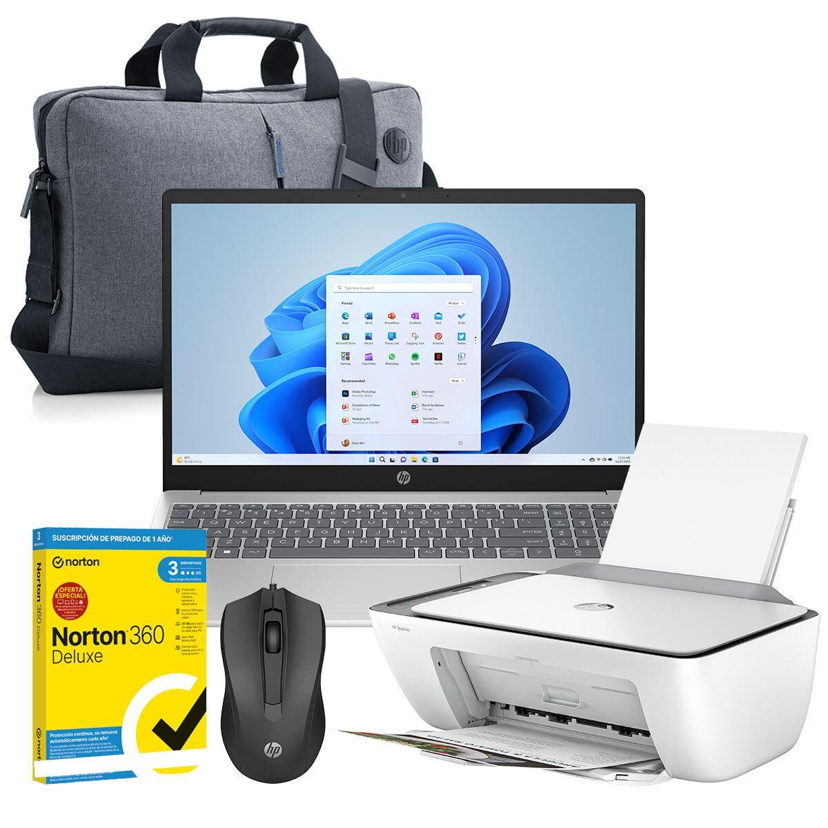 Pack HP con portátil, impresora, ratón y antivirus.
