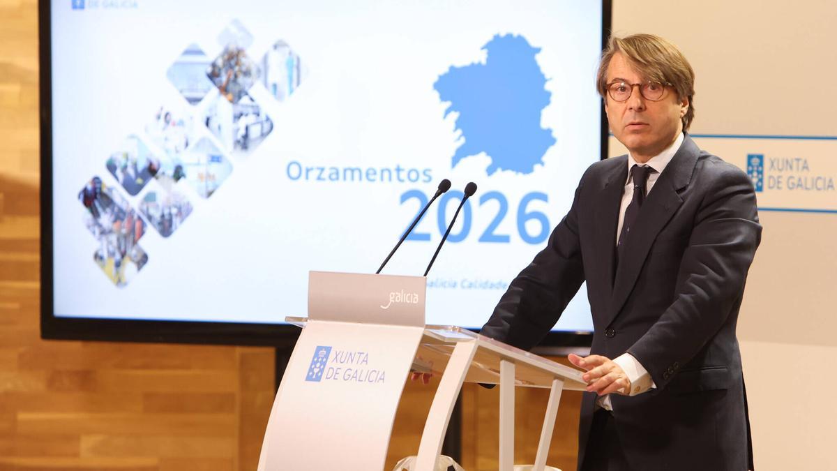 El conselleiro de Facenda, Miguel Corgos, durante la presentación de los presupuestos de la Xunta para 2026.