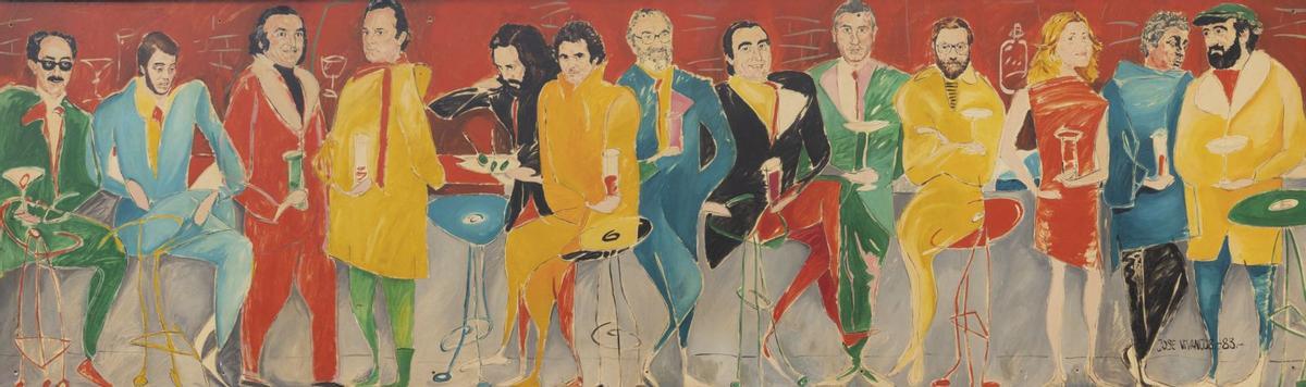 Por la izquierda, en uno de los murales de Vivancos, Emilio Alarcos Llorach, Pedro de Silva, Silverio Cañada, Chus Quirós, Gonzalo Suárez, Víctor Manuel, Ángel González, Graciano García, Enrique García, Faustino F. Álvarez, María Teresa Álvarez, Juan Benito Argüelles y Eduardo Úrculo. | Reproducción de Miki López