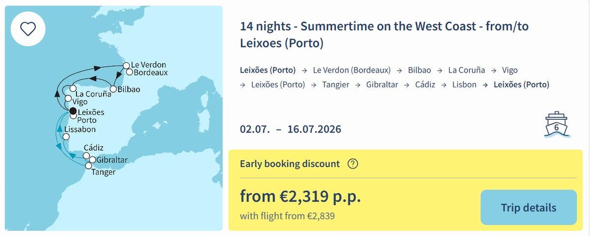 Una de las travesías del «Mein Schiff 6» con embarque en Oporto y escala en Vigo o A Coruña.