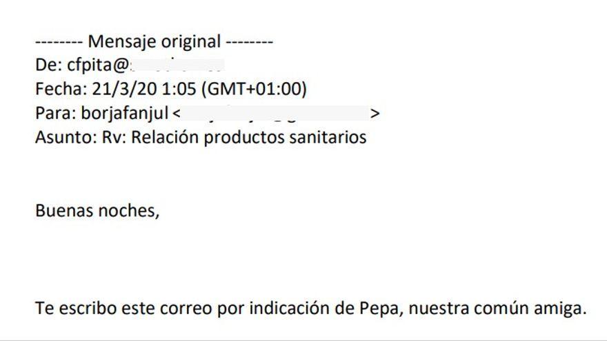 Fragmento del &#039;email&#039; enviado por un familiar del concejal Fanjul a este con el ofrecimiento de material.