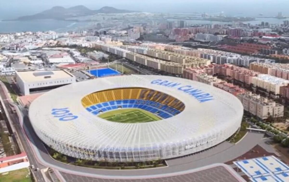 Imagen aérea del Estadio de Gran Canaria, promocional de la candidatura de la Isla para ser sede del Mundial 2030.