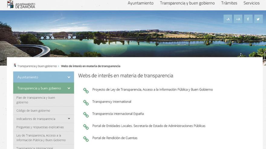 Apartado de transparencia dentro de la página web del Ayuntamiento de Zamora.