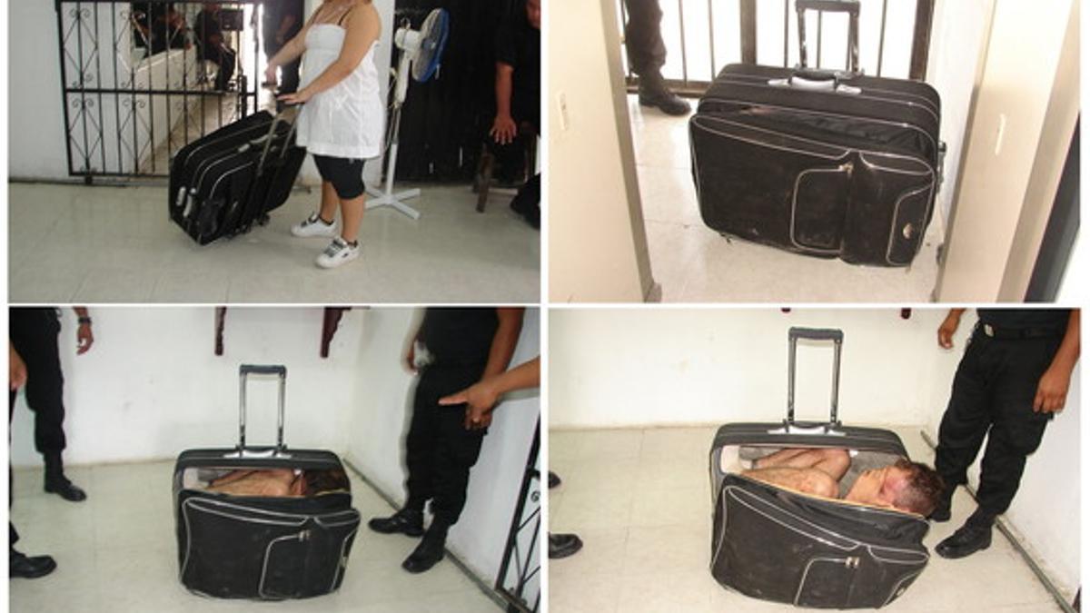 La chica, la maleta y el preso, en varias fotografías difundidas por la policía mexicana.