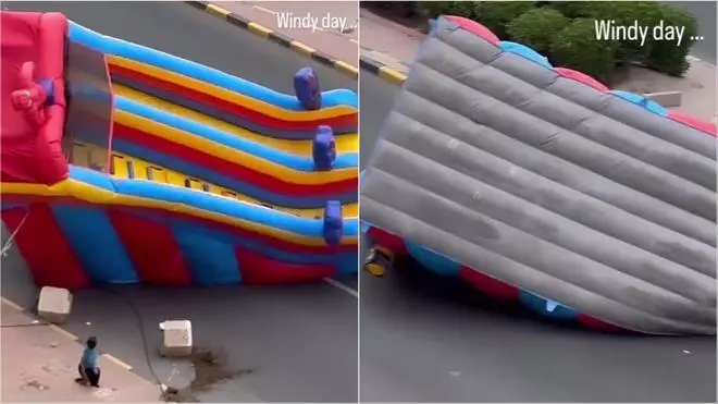 Impactante vídeo de un castillo hinchable con niños volando hacia la carretera