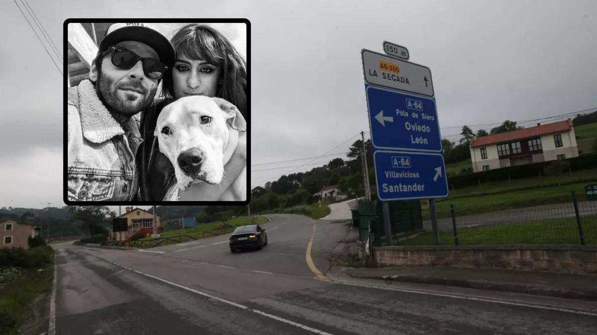 El lugar del accidente y, en el recuadro, Pedro Piquero, su mujer Sara y su perro, en una foto que sus amigos mostrarán este lunes en el juicio.