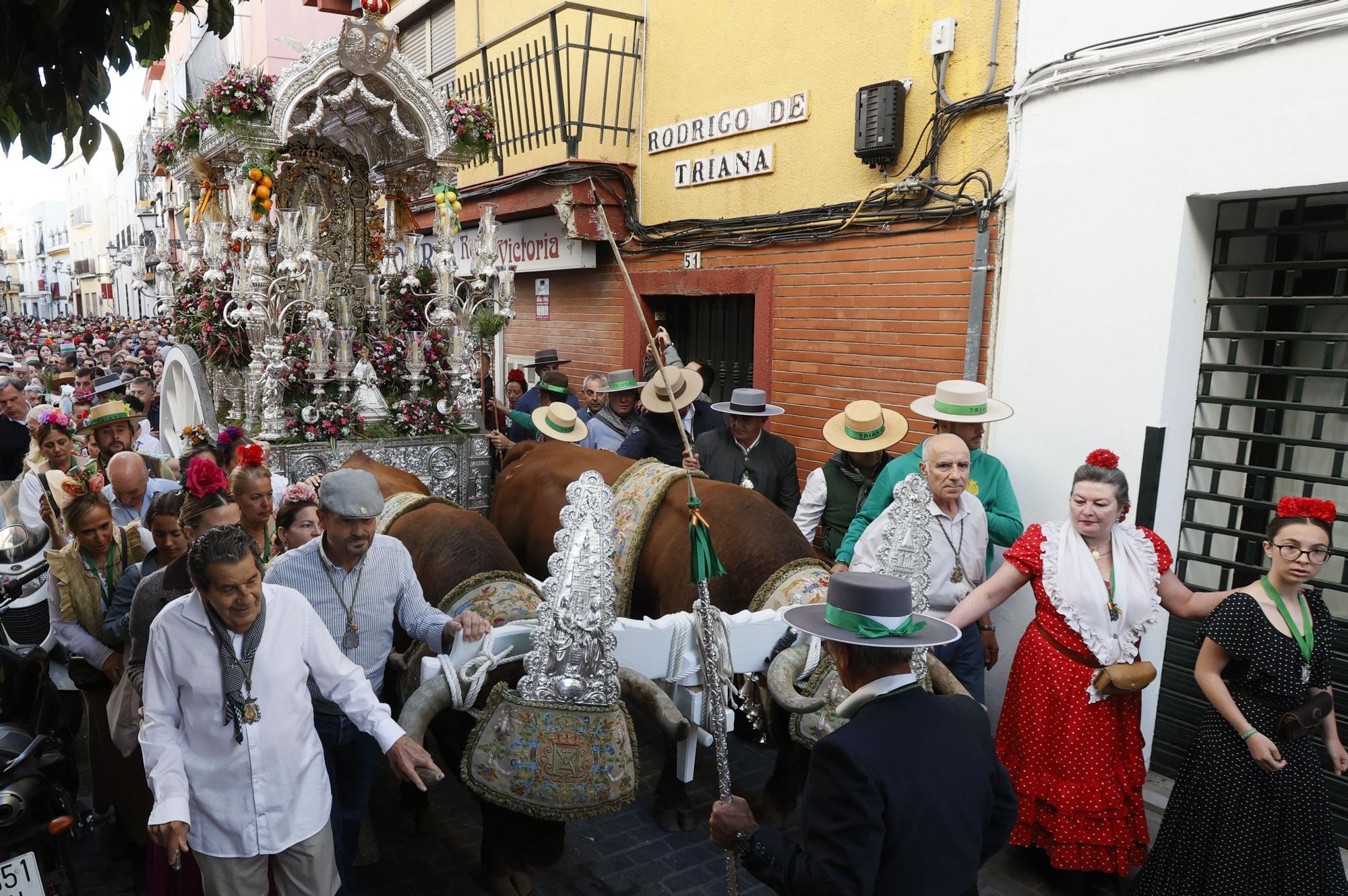 La Hermandad de Triana traslada en procesión su Simpecado, desde la parroquia de San Jacinto, camino del Rocío.