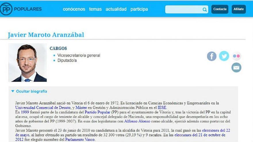 El currículum de Maroto en la web del PP incluye un máster que no hizo
