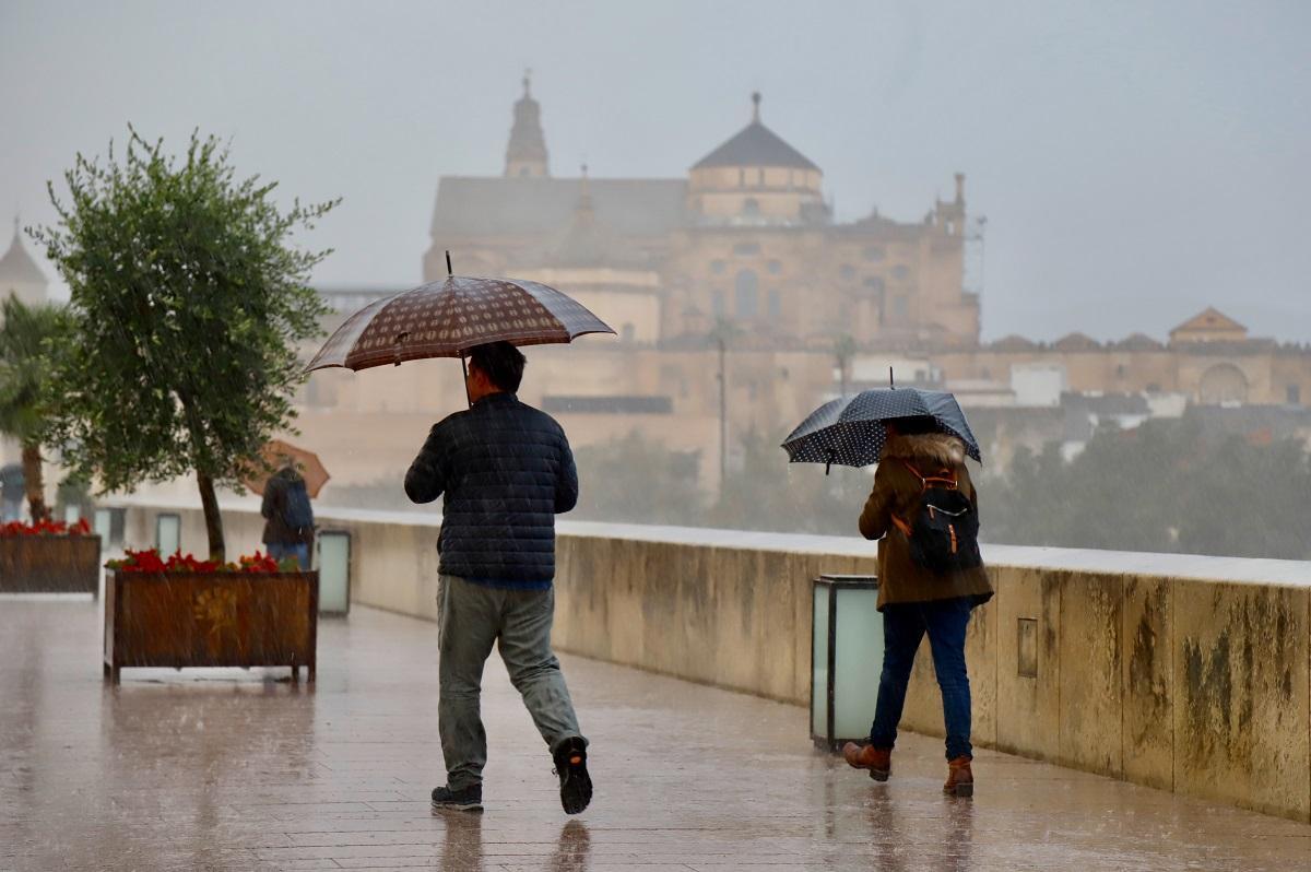 Viandantes con paraguas en el Puente Romano de Córdoba en un día de lluvia.