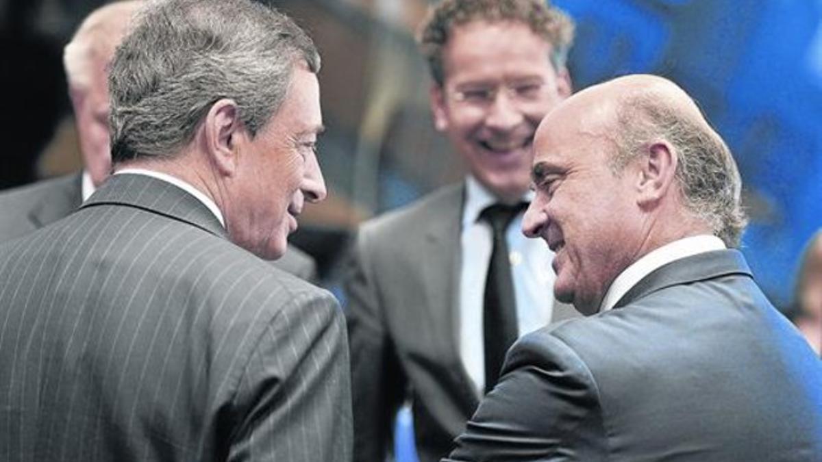 Draghi, Dijsselbloem y De Guindos, en el Eurogrupo.
