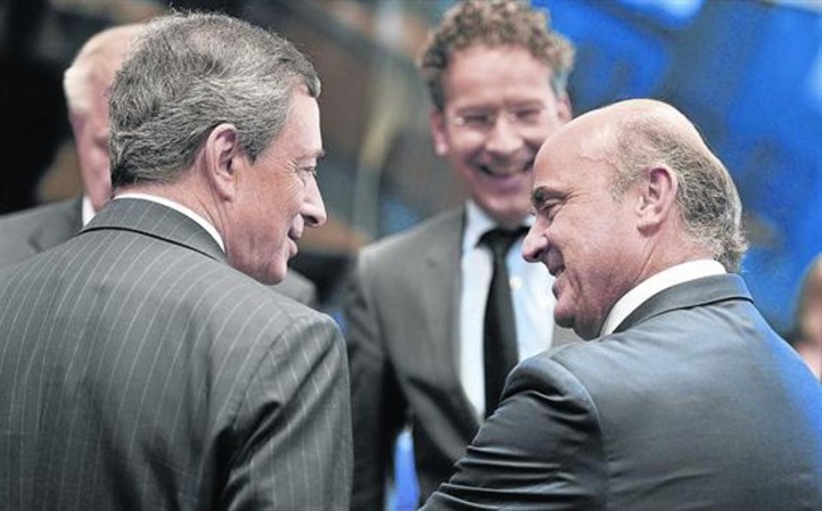 Draghi, Dijsselbloem iDe Guindos, ahir a l’Eurogrup.