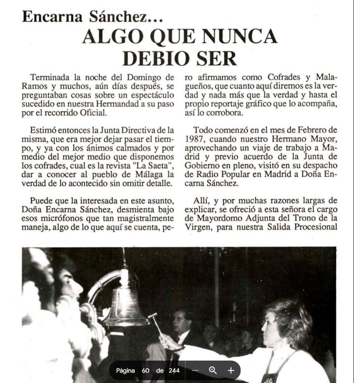 Parte del artículo publicado en La Saeta de 1988 por la junta de gobierno del Prendimiento.