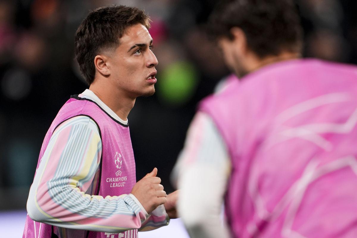Juventus' Kenan Yildiz before the Uefa Champions League soccer match, between Juventus and Sporting CP at the Allianz Stadium in Turin, League phase Matchday 4, north west Italy - Tuesday, November 4, 2025. Sport - Soccer (Photo by Fabio Ferrari/LaPresse)
