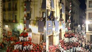 Els pilars de 8 amb folre i manilles de la Joves (esquerra) i de la Vella, aquest dijous a la Diada Nacional a Valls.