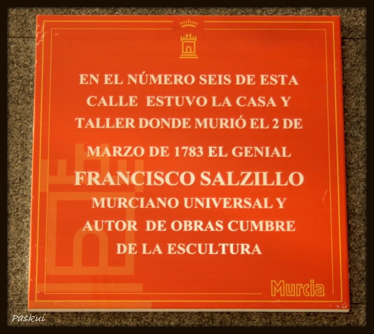 Placa conmemoración del fallecimiento de Francisco Salzillo en calle Vinader