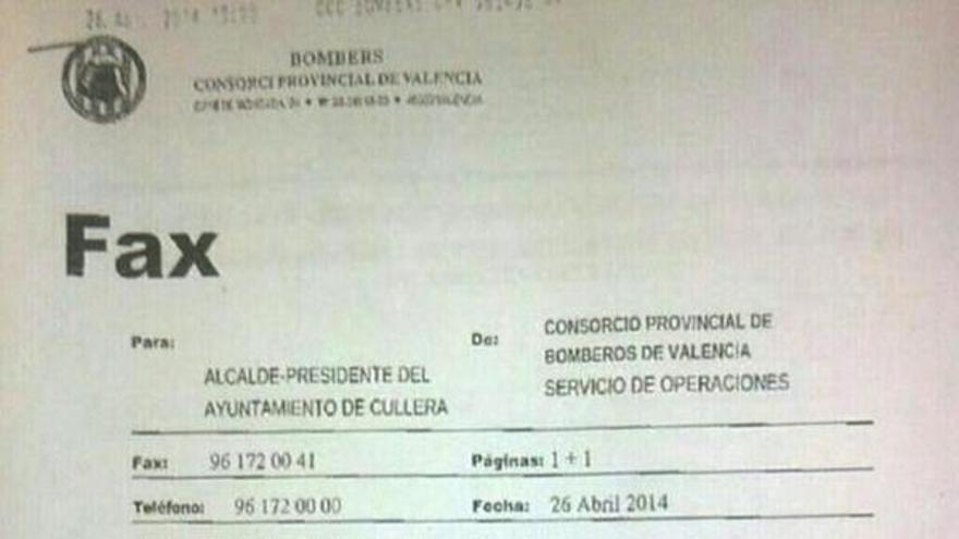 El fax de los bomberos dirigido al alcalde con la advertencia expresa.