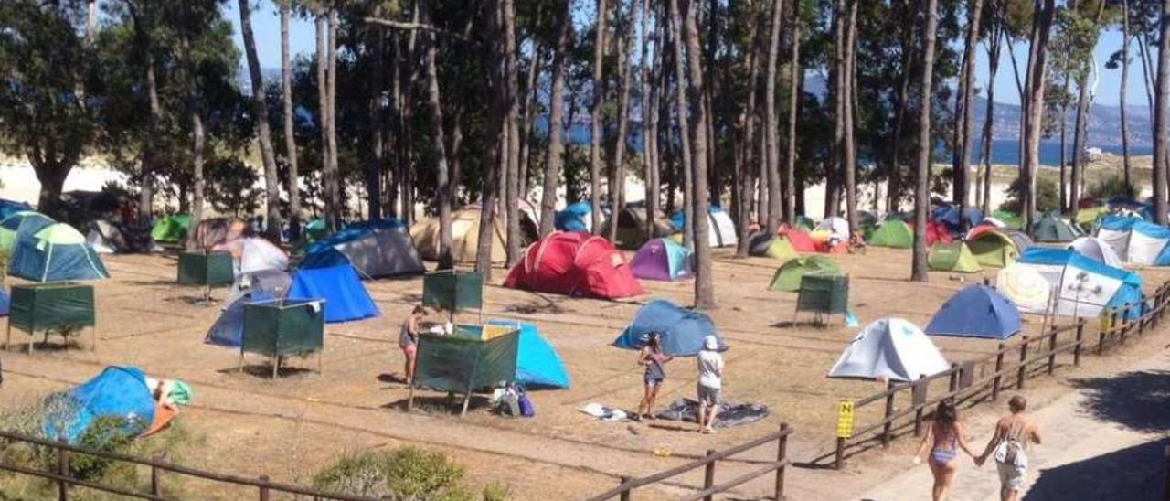 Veraneantes disfrutando del buen tiempo, ayer, en el camping de las Islas Cíes. // Óscar Costas