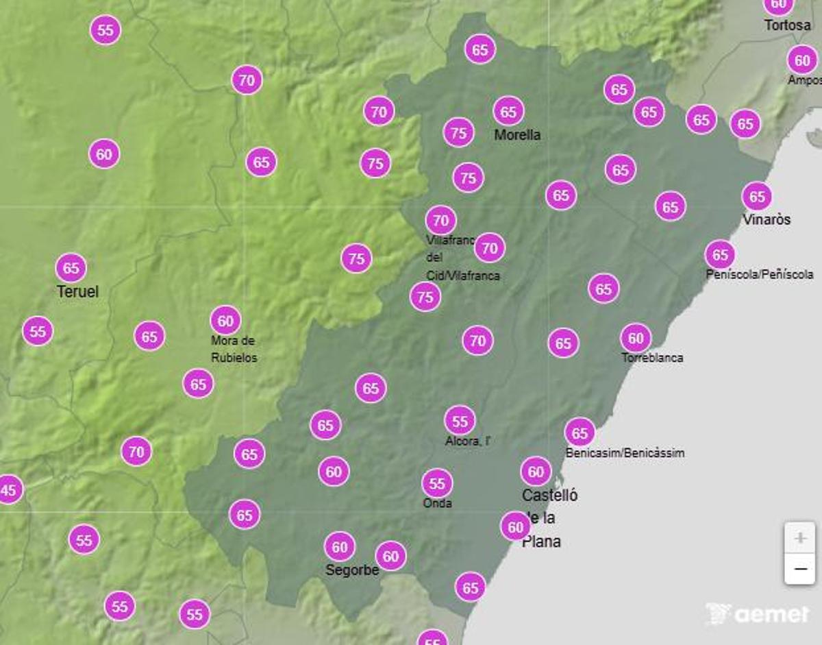 Probabilidad de lluvia en Castellón entre las 12.00 y las 18.00 horas del sábado.