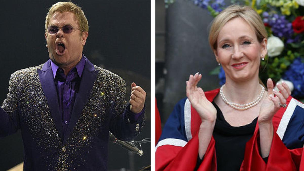 El cantante Elton John y la escritora J.K. Rowling.