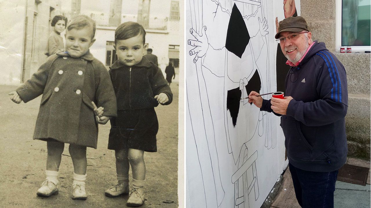 Gogue en la actualidad pintando su Floreano en una pared. A la izquierda de niño con una amiga