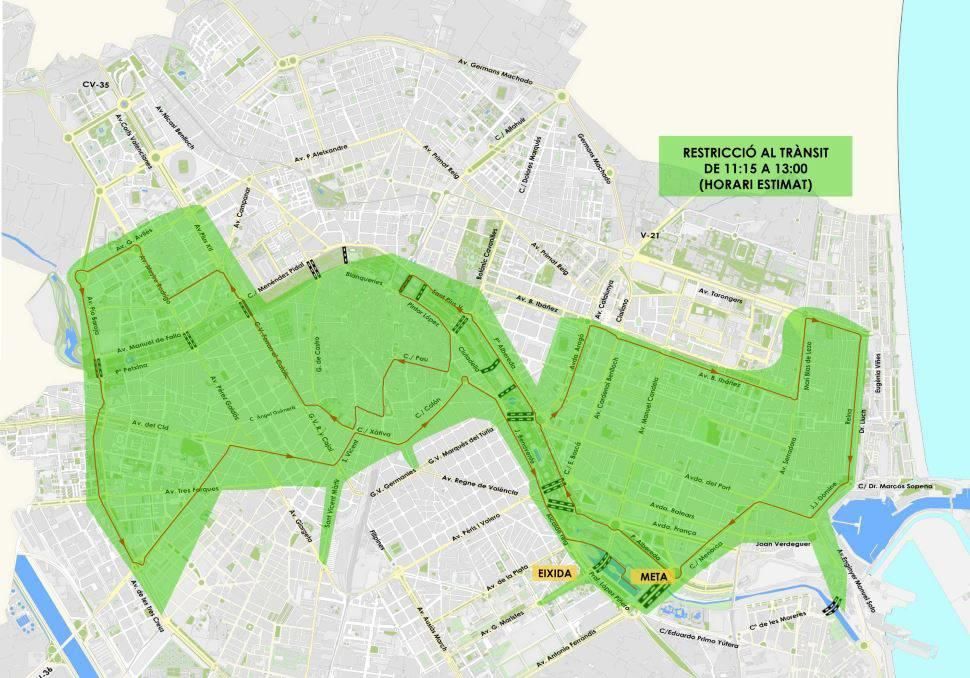 Cortes de tráfico y recorrido Maratón de València