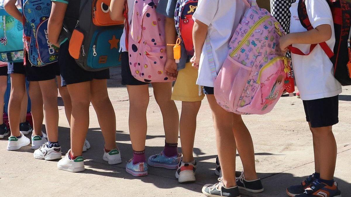 Alumnos de primaria hacen cola para entrar a clase.