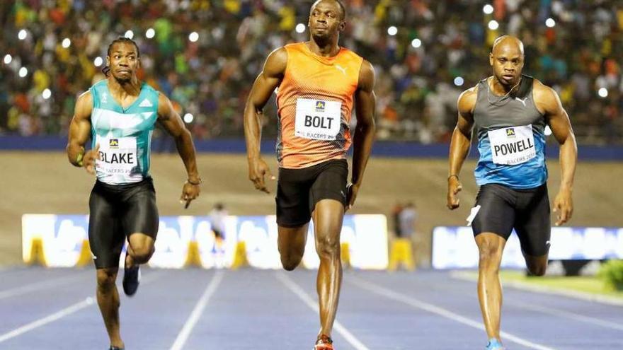 Bolt, junto a Blake y Blake, durante los 100 metros del Gran Premio de Kingston. // Gilbert Bellamy