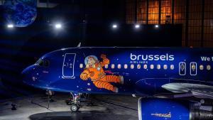 El avión A320 Gravity, inspirado en Las Aventuras de Tintín, durante su presentación en Bélgica el pasado 12 de febrero.