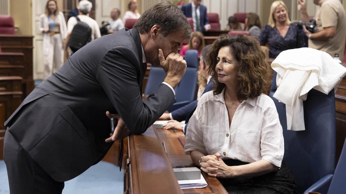 El diputado del PP Fernando Enseñat charla, este martes, con la consejera de Hacienda del Gobierno de Canarias, Matilde Asián, antes del inicio del pleno en el Parlamento.