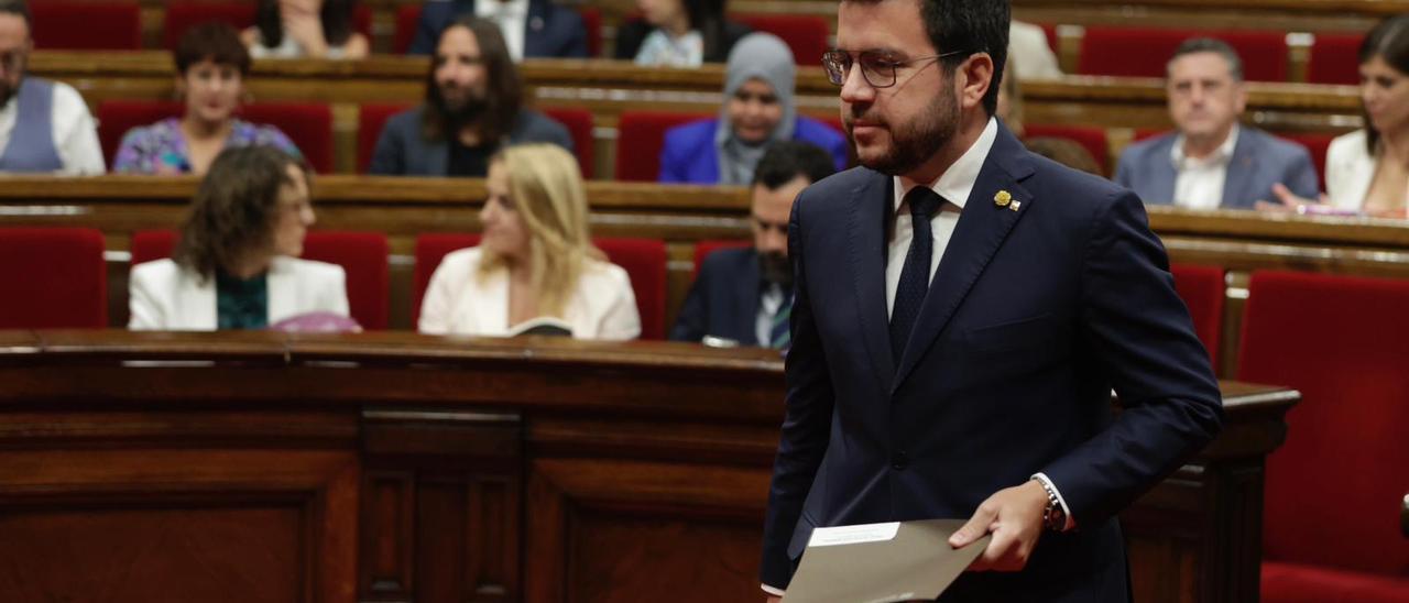 El 'president' de la Generalitat, Pere Aragonès, durante el debate de política general en el Parlament