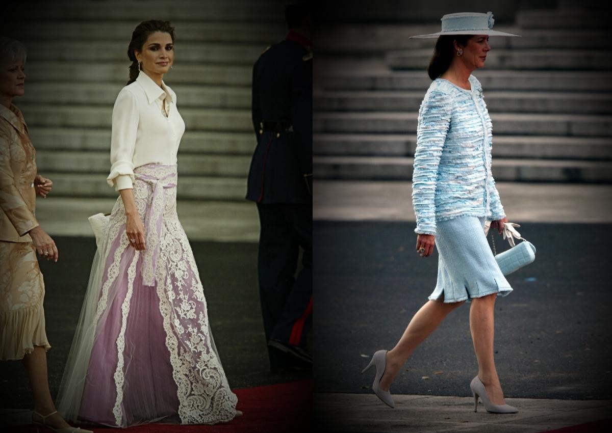 Rania de Jordania y Carolina de Mónaco, en la boda de Felipe y Letizia, en Madrid, el 22 de mayo de 2004.