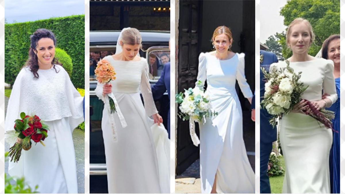 Cuatro novias de 2025, con sus ramos de flores de tallo largo o con cintas.